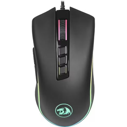 Top-down view of a black Redragon M711 Cobra gaming mouse, showing three central DPI buttons, an illuminated scroll wheel, an RGB backlit dragon logo, and a side light strip.