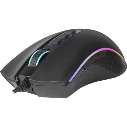 Angled front-right view of a black Redragon M711 Cobra gaming mouse, highlighting the textured right side grip, the curved ergonomic shape, and an active RGB light strip.