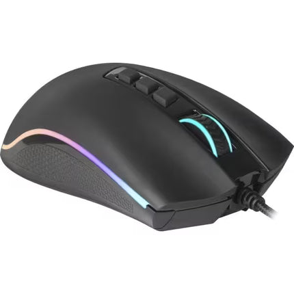 Angled front-left view of a black Redragon M711 Cobra gaming mouse, showing the illuminated scroll wheel, primary click buttons, and the braided USB cable connection.