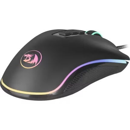 Rear angled view of a black Redragon M711 Cobra gaming mouse, displaying the glowing RGB dragon logo on the palm rest and the wrapping light strip.