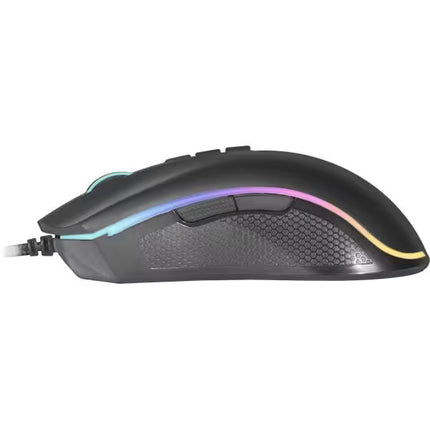 Direct profile side view of a black Redragon M711 Cobra gaming mouse, showing two programmable thumb buttons, a textured honeycomb side grip, and a curved RGB light zone.