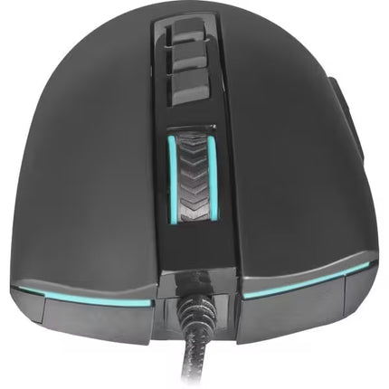 Close-up front view of a black Redragon M711 Cobra gaming mouse, focusing on the textured rubber scroll wheel with RGB accents, central function buttons, and the main clicks.