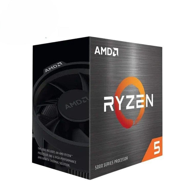 AMD Ryzen 5 processor box with fan on a white background