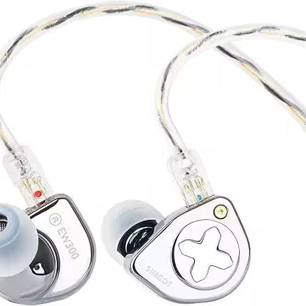 A pair of SIMGOT EW300 wired in-ear monitors with transparent cables and silver ear shells on a plain background.