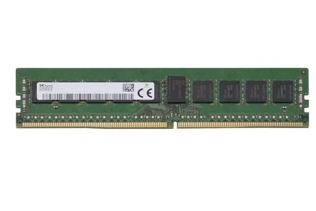 A green RAM memory module with black integrated chips and a white label, shown horizontally on a plain white background.