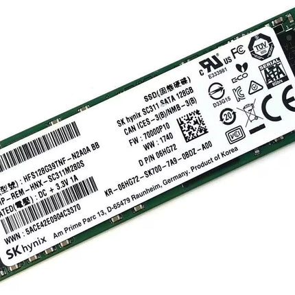 SK hynix SC311 128GB M.2 2280 SATA SSD with white label displaying model, capacity, firmware, and certification markings.