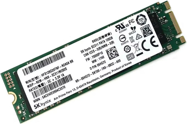 SK hynix SC311 128GB M.2 2280 SATA SSD with white label displaying model, capacity, firmware, and certification markings.