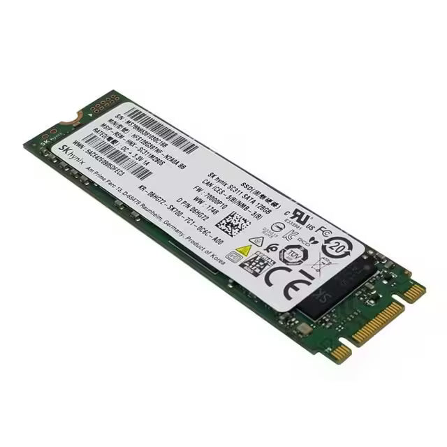 Angled view of the SK hynix SC311 128GB M.2 2280 SATA SSD showing the front side with product label and M.2 SATA connector.