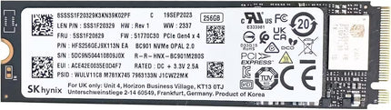 SK hynix BC901 256GB M.2 2280 NVMe PCIe Gen4 x4 SSD with white product label showing model, capacity, certification logos, and technical specifications