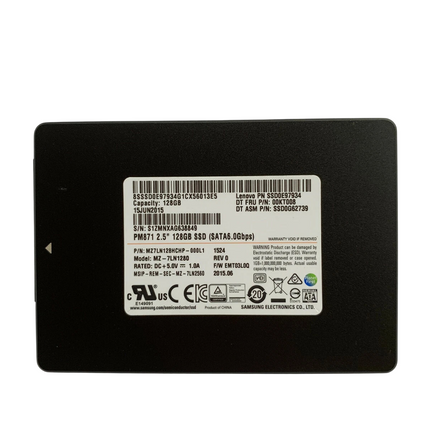 Rear view of a Samsung 2.5-inch SATA III internal SSD with a black enclosure and a white product label displaying model information, serial numbers, regulatory certifications, and 128GB capacity. The drive is shown on a white background.