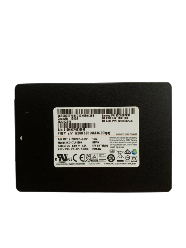 Rear view of a Samsung 2.5-inch SATA III internal SSD with a black enclosure and a white product label displaying model information, serial numbers, regulatory certifications, and 128GB capacity. The drive is shown on a white background.