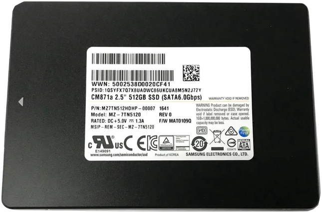 Rear view of a Samsung 2.5-inch SATA III internal SSD featuring a black metal casing and a white identification label with product specifications, regulatory markings, and 512GB capacity. Displayed on a white background.