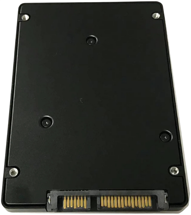 Bottom view of a Samsung 2.5-inch SATA III internal SSD, showing the plain black metal enclosure, mounting screws, and SATA data and power connectors. Displayed on a white background.