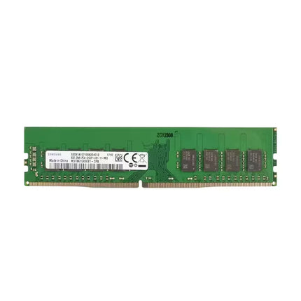 Samsung 8GB DDR4 desktop RAM stick with a green PCB, showing the black memory chips and a white specifications label with barcodes