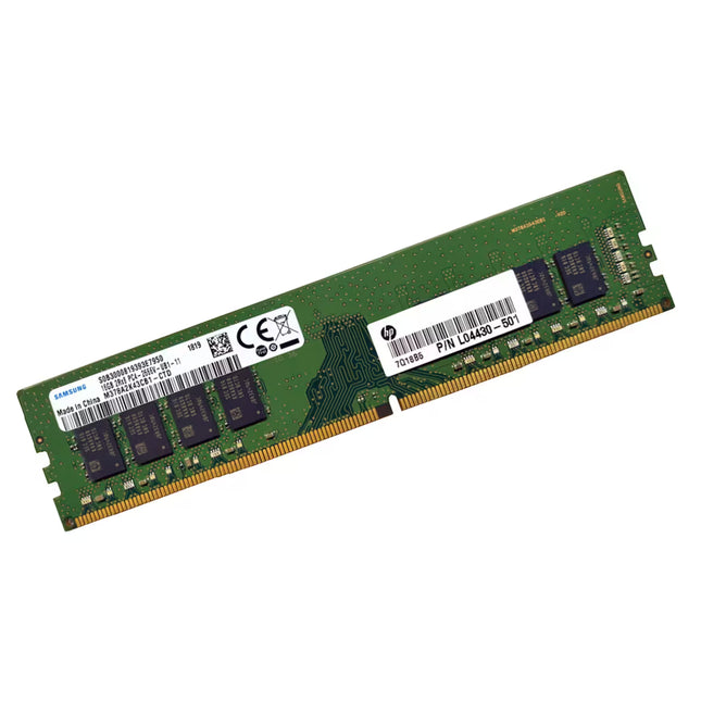 A green HP Samsung DDR4 RAM module with black memory chips and a gold-plated gold contact edge, shown on a plain white background.
