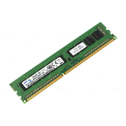 Angled View: Samsung 8GB DDR3 desktop RAM module shown at an angle, featuring a green PCB, black memory chips, gold-plated contacts, and a manufacturer label.