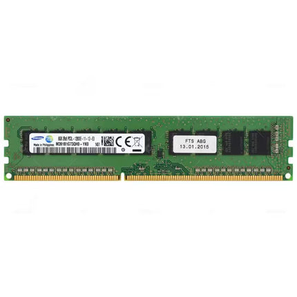 Front View: Front view of the Samsung 8GB DDR3 desktop RAM stick with the product label, memory chips, gold edge connector, and green printed circuit board clearly visible.
