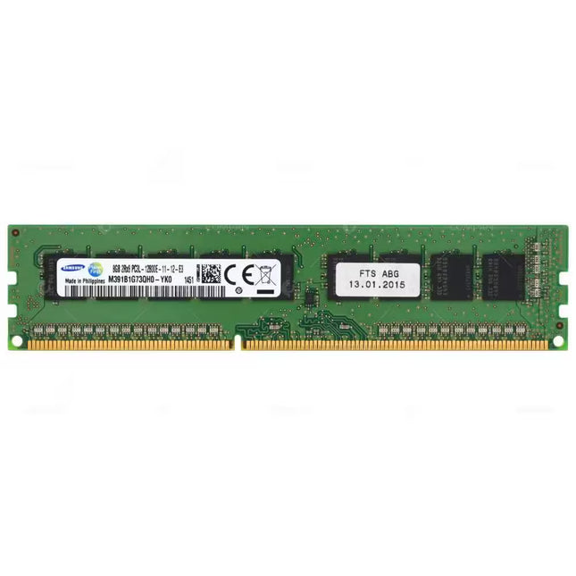 Front View: Front view of the Samsung 8GB DDR3 desktop RAM stick with the product label, memory chips, gold edge connector, and green printed circuit board clearly visible.