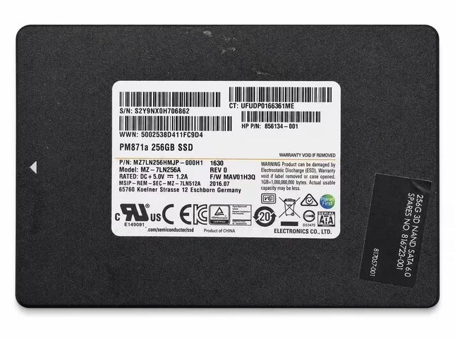 A 256GB SSD drive with a black metal casing and a white product information label on the front, photographed on a white background.