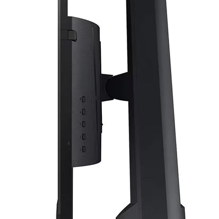 A black gaming monitor with a tall, angular stand and side-mounted display arm, shown from a side profile view against a plain white background.