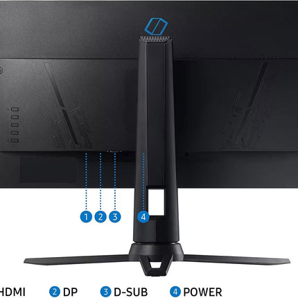 A black computer monitor shown from the back on a white background, with a vertical stand in front. Blue dotted lines and numbered callouts indicate HDMI, DP, D-SUB, and POWER connections.