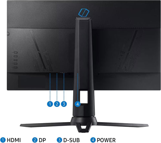 A black computer monitor shown from the back on a white background, with a vertical stand in front. Blue dotted lines and numbered callouts indicate HDMI, DP, D-SUB, and POWER connections.