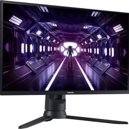 Samsung monitor displaying a futuristic sci-fi corridor with a character in the center.