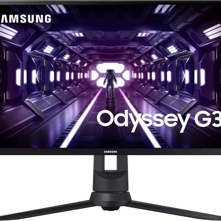 Samsung Odyssey G3 gaming monitor with a black stand, shown against a white background with a futuristic purple sci-fi corridor graphic on the screen.