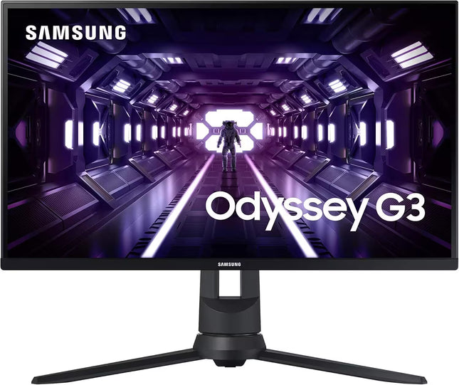 Samsung Odyssey G3 gaming monitor with a black stand, shown against a white background with a futuristic purple sci-fi corridor graphic on the screen.