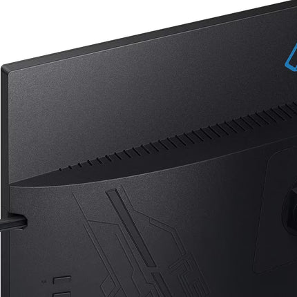 Close-up of the rear corner of a black computer monitor showing the stand base, vented edge, and a blue geometric logo on a white background.