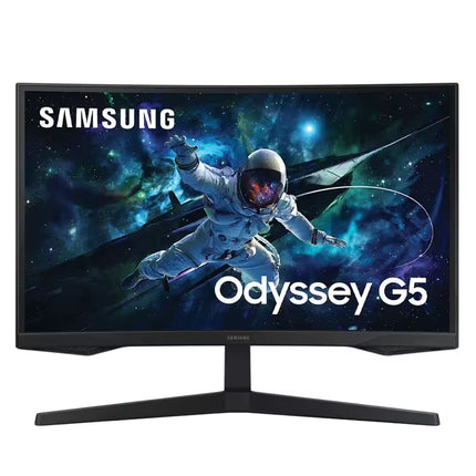 Samsung Odyssey G5 gaming monitor with a curved black bezel and stand, shown on a white background with the SAMSUNG and Odyssey G5 branding visible on the screen.