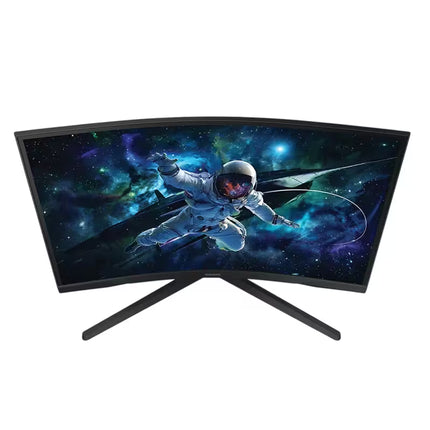 A curved gaming monitor with a black stand, displaying an astronaut in space on a clean white background.