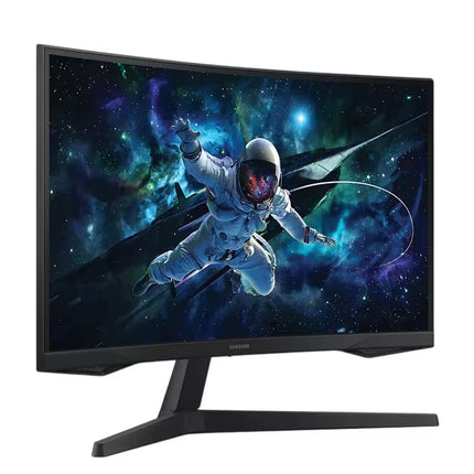 Samsung curved computer monitor with a black stand, displaying an astronaut in space on a clean white background.