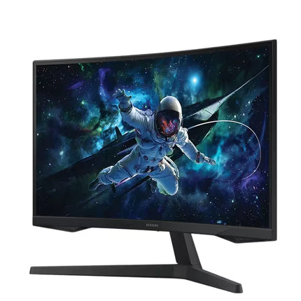 Samsung curved gaming monitor with a black stand, displaying an astronaut in space on a clean white background.