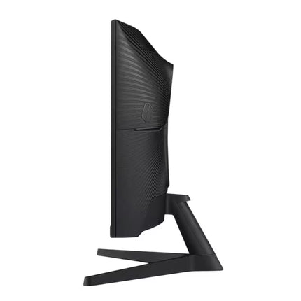 A black curved computer monitor shown from a side profile view, featuring a textured ribbed back panel and a V-shaped stand, set against a plain white background.