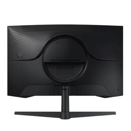 The back view of a black curved gaming monitor on a clean white background, showing the textured backplate, circular port area, and stand.