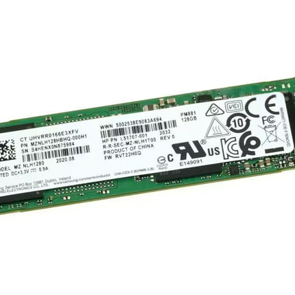 A Samsung M.2 SSD solid-state drive with a green PCB and a white label, shown from a high angle on a white background.