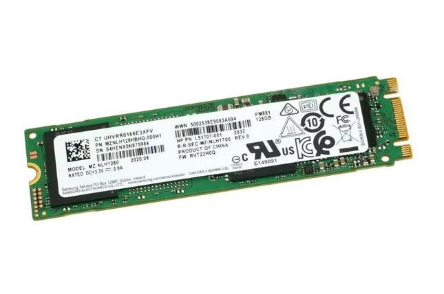 A Samsung M.2 SSD solid-state drive with a green PCB and a white label, shown from a high angle on a white background.