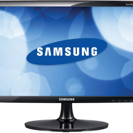 Samsung monitor with blue screen displaying Samsung logo on a white background