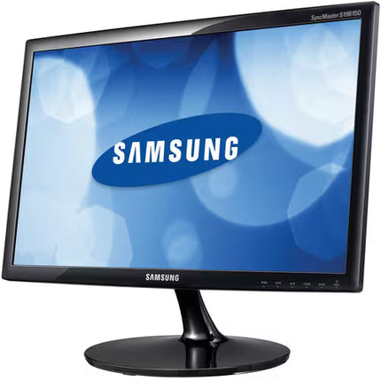 Samsung monitor with blue screen displaying the Samsung logo on a white background