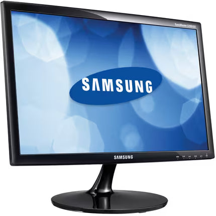 Samsung monitor with blue screen displaying the Samsung logo on a white background