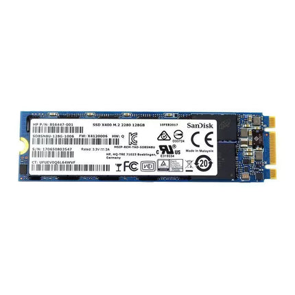 SanDisk X400 128GB M.2 2280 SATA SSD with product label, blue PCB, and M.2 edge connector, shown on a white background.