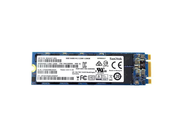 SanDisk X400 128GB M.2 2280 SATA SSD with product label, blue PCB, and M.2 edge connector, shown on a white background.