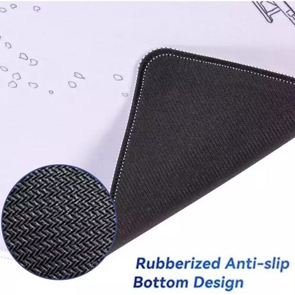 A close-up of a black mouse pad corner showing its rubberized anti-slip underside, with a circular inset highlighting the textured grip and blue text reading 'Rubberized Anti-slip Bottom Design' on a white background.