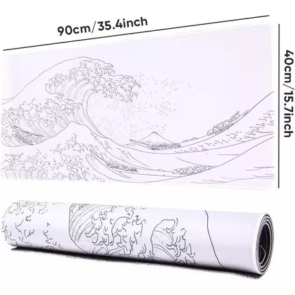 A large rectangular wall mural or canvas featuring a black line-art illustration of a Japanese-style ocean wave and distant mountain, shown with dimension labels 90cm by 40cm. Below it, a rolled view of the same mural is shown on a white background.