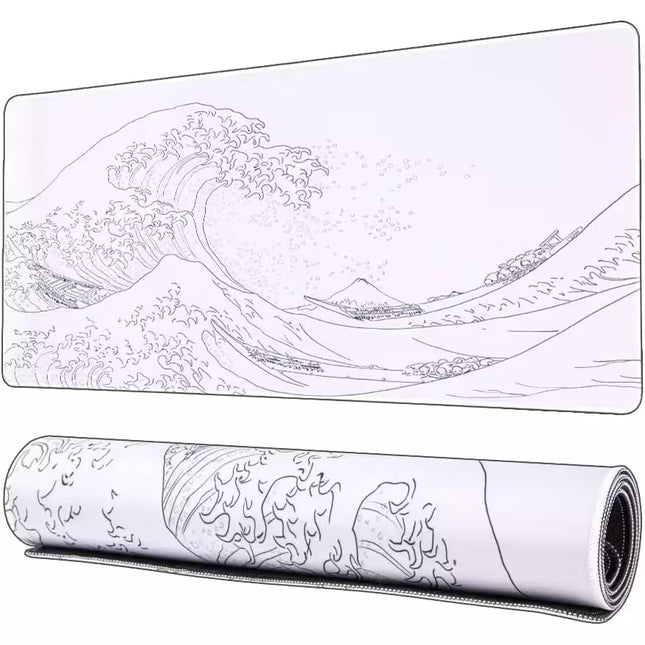A rectangular gaming or desk mat featuring a black line art print of 'The Great Wave off Kanagawa' on a white background, shown both flat and rolled up.