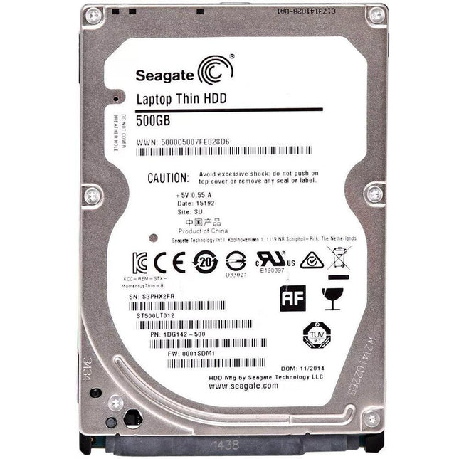 Seagate laptop hard drive with label on a white background