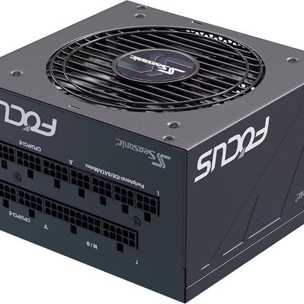 Seasonic FOCUS GX-650 650W Modular Power Supply – Angled front view of the Seasonic FOCUS GX-650 650W 80+ Gold fully modular power supply, showing the modular cable connection panel, black metal housing, and large cooling fan on the top.