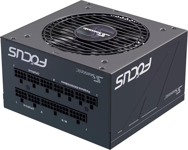 Seasonic FOCUS GX-650 650W Modular Power Supply – Angled front view of the Seasonic FOCUS GX-650 650W 80+ Gold fully modular power supply, showing the modular cable connection panel, black metal housing, and large cooling fan on the top.