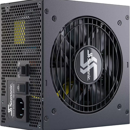Seasonic FOCUS GX-650 Rear View – Rear angled view of the Seasonic FOCUS GX-650 650W 80+ Gold power supply featuring the large cooling fan, honeycomb ventilation grille, AC power input, power switch, and rear exhaust design.
